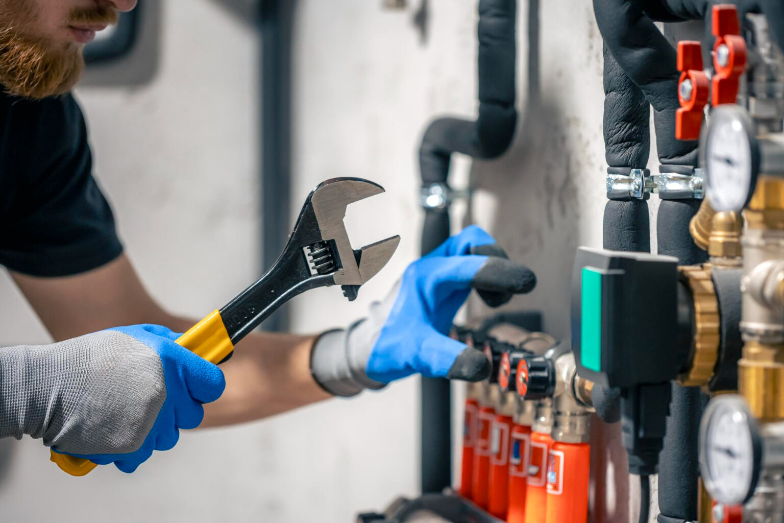 Técnico de Fontanería La Fuente reparando una tubería con fuga en una vivienda. Uso de materiales de calidad y garantía por escrito